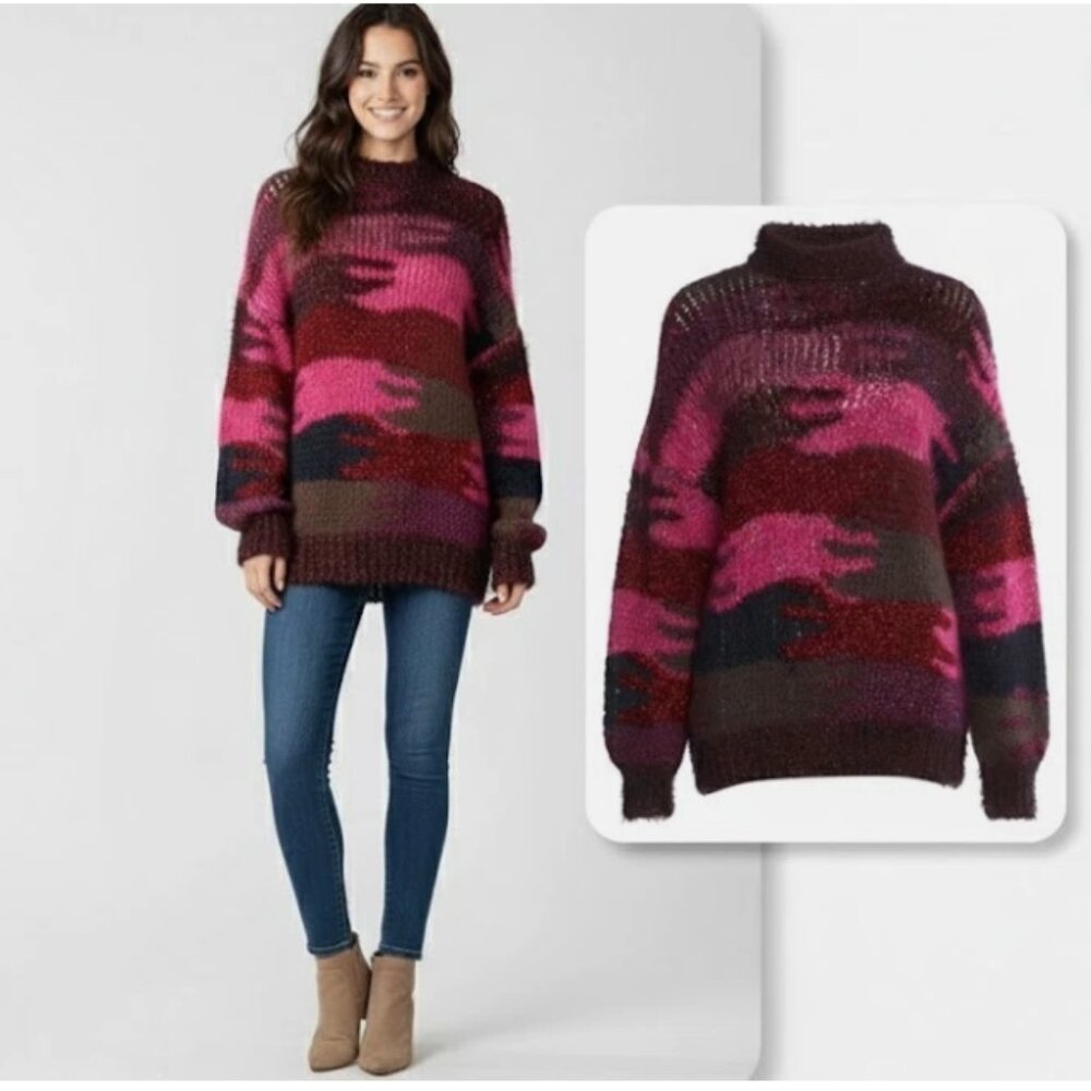 Saint Laurent Paris Mohair Pink Camo Jacquard Knit Oversize Sweater Size- XS